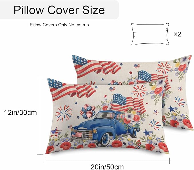 Independence Day Outdoor Throw Pillow Cover Farm Truck USA Flag Poppy Waterproof Cushion Covers 2 Pack Retro Patriotic Fireworks Pillow Cases Home Decoration for Patio Garden Couch Sofa 20x12In
