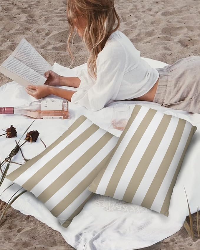 Outdoor Pillows 20x12 Waterproof Outdoor Pillow Covers Khaki White Stripes Polyester Throw Pillow Covers Garden Cushion Decorative Case for Patio Couch Decoration Set of 2 Geometric