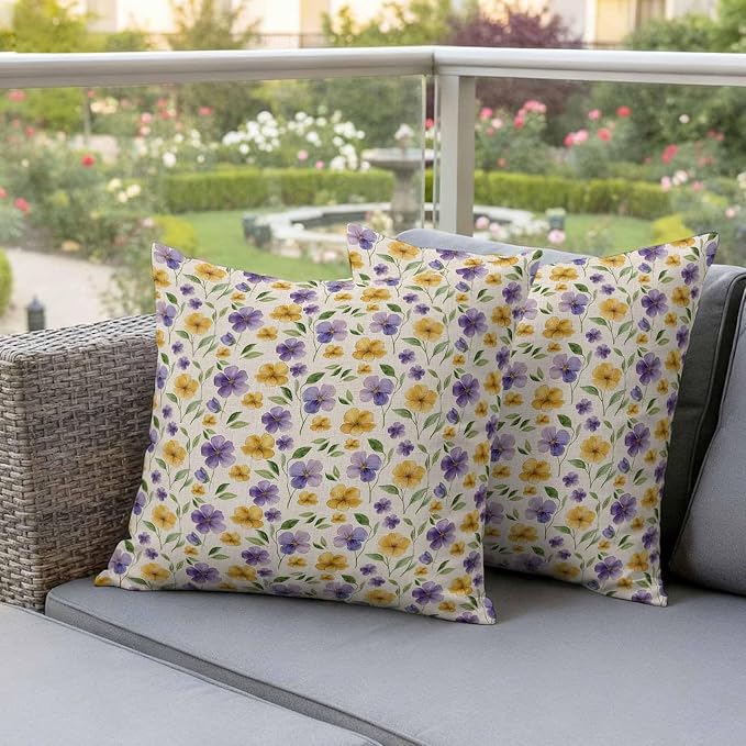 Purple Yellow Flower Outdoor Pillow Covers Set of 2 Spring Green Leaf Watercolor Floral Farm Waterproof Throw Pillow Cover Decorative Cushion Cases for Patio Porch Garden 18X18 Inch