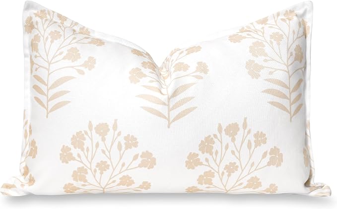 Hofdeco Premium Coastal Hampton Patio Indoor Outdoor Lumbar Pillow Cover Only, 12"x20" Water Repellent for Backyard, Couch, Poolside, Neutral Tan Print Floral