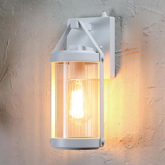 Dusk Dawn Sensor Outdoor Wall Sconce White Exterior Porch Lantern | Modern Outside Garage Light Fixtures Waterproof Wall Mount Lamp for House Patio Front Door