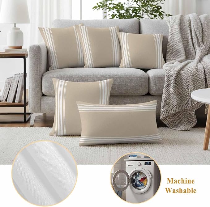 Outdoor Pillow Covers 16x16 Set of 2 Khaki Stripes Outdoor Pillows Waterproof Throw Pillow Covers French Stripe Farmhouse Style Pillowcases Decorative Case for Patio Cushion
