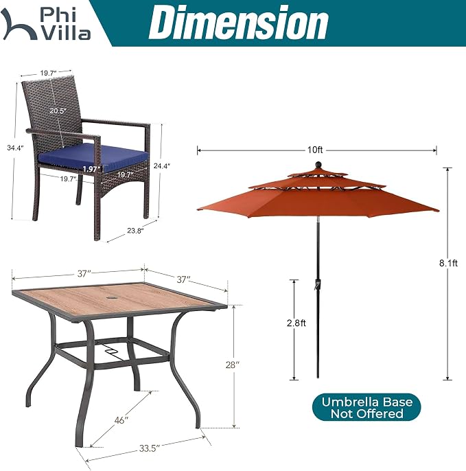 PHI VILLA 5pc Patio Dining Set with Umbrella, Square Table, Rattan Chairs | Includes 37" square metal table, 4 cushioned rattan chairs, and 10ft red umbrella. Perfect for patio, deck, yard, or porch