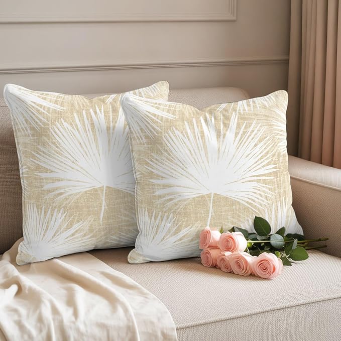 Throw Pillow Covers 18x18 Inch Set of 2, Cream Palm Leaves Coastal Waterproof Outdoor Pillow Covers, Summer Tropical Botanical Boho Decorative Cushion Pillowcases for Couch, Sofa, Bed, Garden, Patio