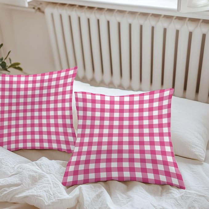 Hot Pink Checks Outdoor Pillow Covers 26"x26" Set of 2, Gingham Plaid Abstract Modern Minimalist Waterproof Throw Pillow Covers for Patio Furniture, Decorative Cushion Covers for Porch