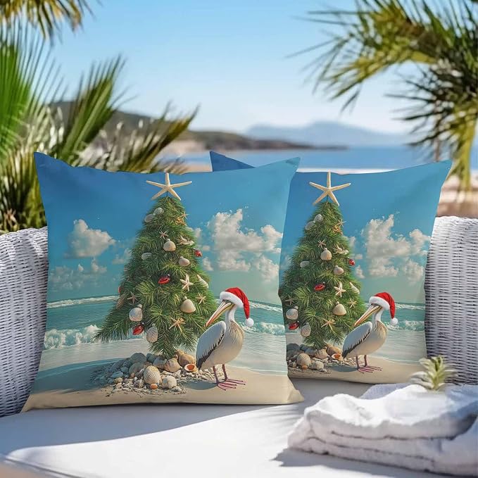 Christmas Outdoor Throw Pillows Covers 26x26 inch Set of 2 Waterproof Christmas Tree Decorative Zippered Cushion Covers for Patio Furniture, Pelican Starfish Shell Beach Wave Lumbar Pillowcases