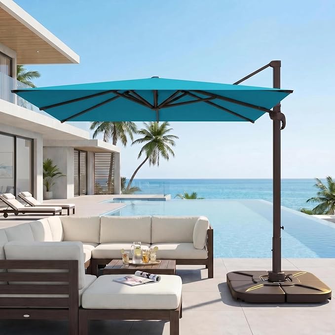 Kingdura 9' X 9' Cantilever Patio Umbrella with Base Included, Large Square Outdoor Offset Umbrella with 360-degree Rotation, 4 Position Tilt, UV Protection for Pool Deck Garden Patio (Lake blue)