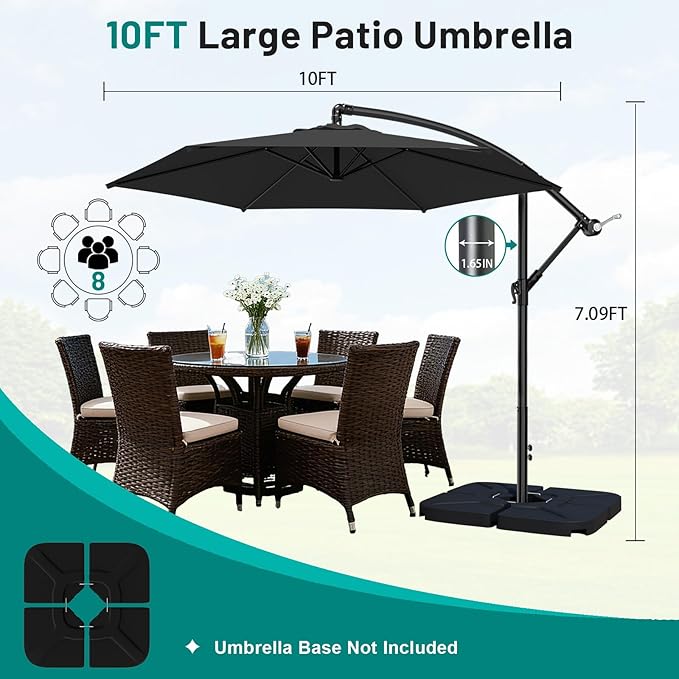 AreShark 10FT Patio Outdoor Umbrella, Offset Patio Umbrella Cantilever Umbrella, 6 Sturdy Ribs, Easy Adjustment for Garden Market Pool with Cross Base (Black)