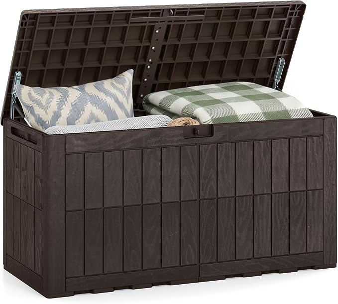 HAPPYGRILL 100 Gal Outdoor Deck Box, Lockable Storage Bin with Lid and Handles, Waterproof and Sun-Protective Patio Bench and Storage Box for Garden Tools Pool Supplies (Dark Brown, 100Gallon)