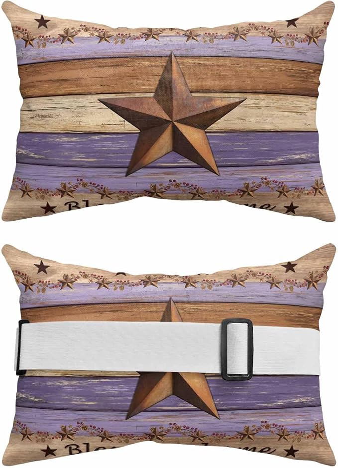Western Texas Star Vintage Outdoor Pillows for Chaise Lounge Chair Beach Headrest Pillow Set of 2 Lumbar Pillows with Insert&Strap Retro Farmhouse Purple Brown Wooden Neck Pillow for Pool 12"x20"