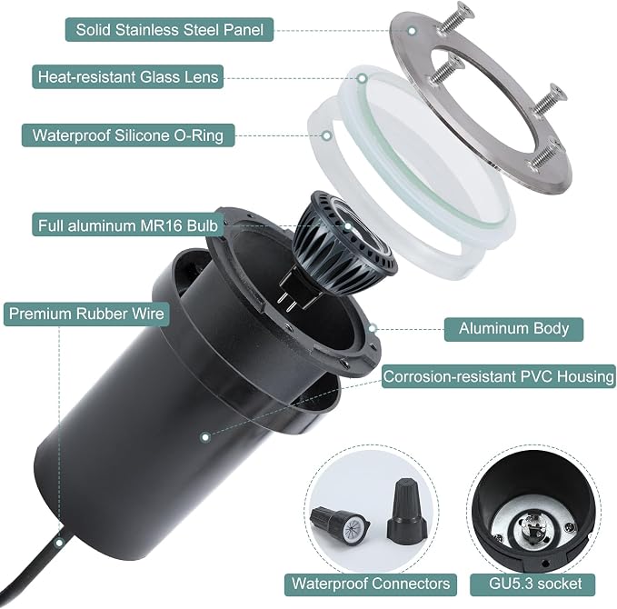 Low Voltage Landscape LED Well Lights, 12V in Ground Lights Outdoor IP67 Waterproof, 5" Tall Wired Landscape Up Lighting, Included Replaceable 5W 2700K MR16 Bulb Dimmable, 6 Pack