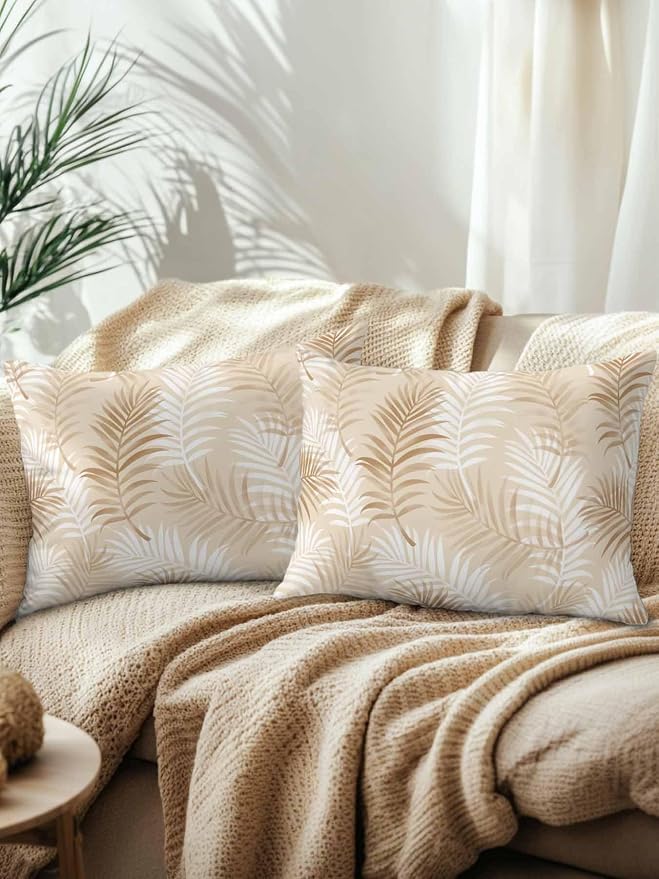 Waterproof Outdoor Pillow Set of 2 Cream Tropical Palm Leaves Decorative Throw Pillows Cover & Insert 20x12 Inch Lumbar Pillowcase Summer Jungle Foliage Pillows for Couch Sofa Bed Patio Furniture