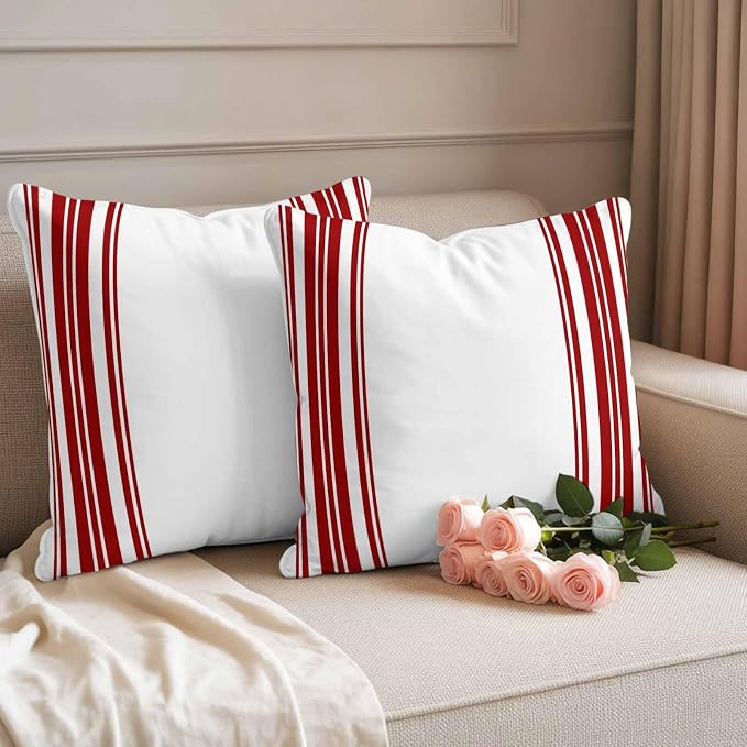 Outdoor Waterproof Throw Pillow Covers Set of 2 Red Stripes Pillowcases 26x26 Inches White Vertical Striped Decorative Pillows Cushion Case Patio Pillows for Couch Bed Chair Garden