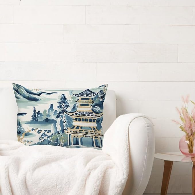 Lumbar Support Pillow Case Blue and White Chinoiserie Pagoda Asian Pillow Case Abstract Ming Rain Chinoiserie Pillow Cover Accent Decorative Cushion Cases Home Decor for Home Sofa 20x26in