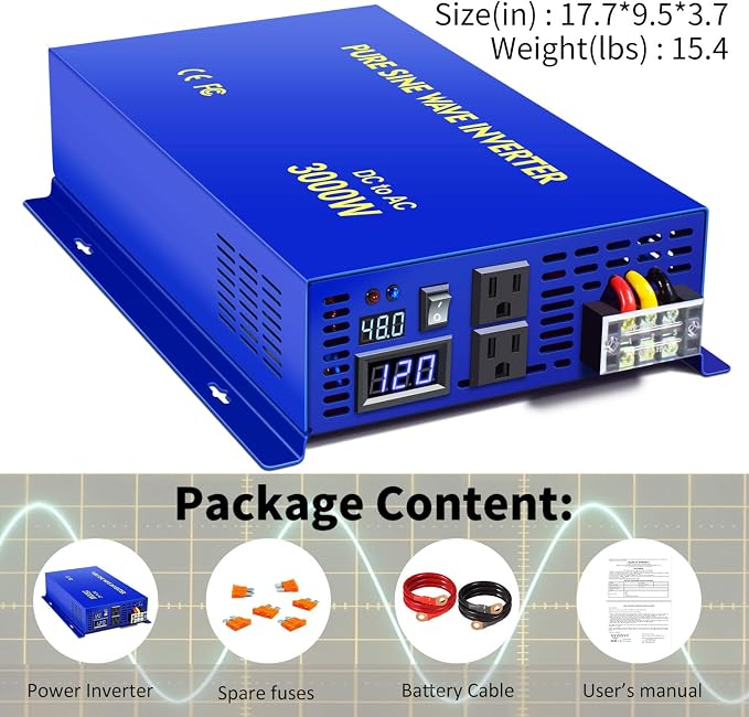 3000 watt Inverter 48 Volt Pure Sine Wave Inverter 48V DC to AC 120V 110V Surge 6000W, Power Inverter for Truck car RV Home Solar. (3000W 48V)