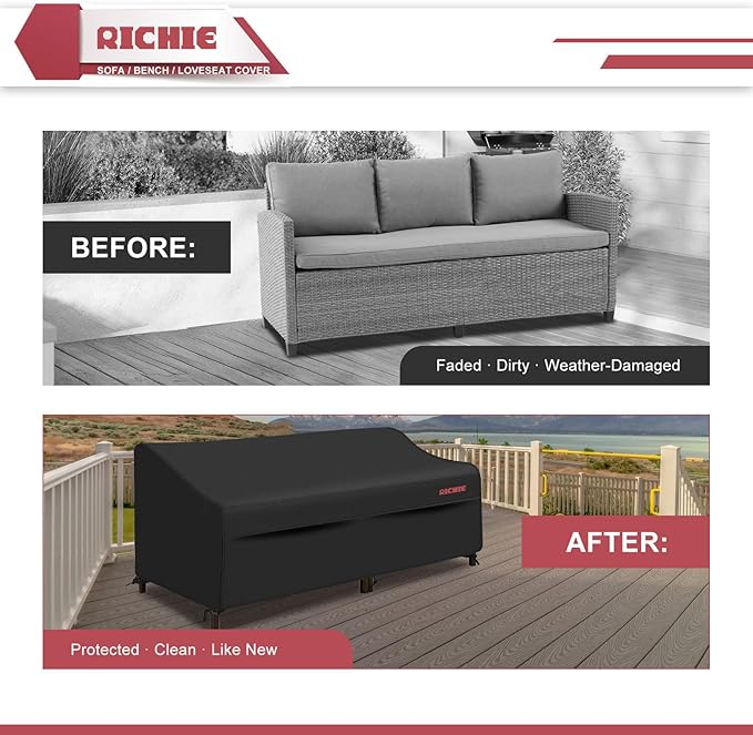 RICHIE Waterproof Patio Sofa Cover 3-Seater - Outdoor Furniture Covers for Loveseat/Couch with Air Vents & Handles, 78"W x42"Dx31"H, Black