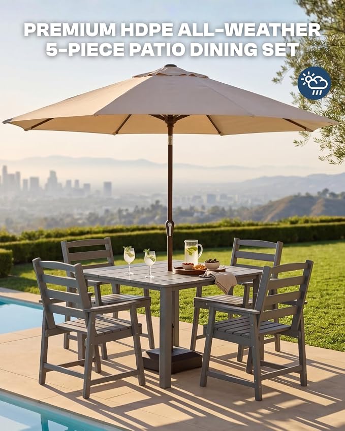 HDPE Outdoor Dining Set for 4 with 10FT Umbrella, Grey | All-Weather HDPE, Wood Grain Finish, 42.5" Square Table, Built-In Umbrella Hole, Seats 4, Patio & Poolside Ready