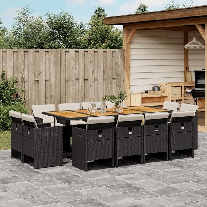 13-Piece Patio Dining Set Black Poly Rattan Outdoor Furniture with Cream Cushions for Backyard Garden Balcony