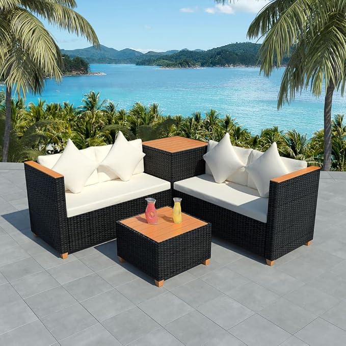 4 Piece Patio Lounge Set with Cushions,Outdoor Couch,Patio Bar Set,Modern Outdoor Furniture,Dining Bench with Back,Bistro Set,for Patio Deck Garden,Backyard & Lawn,Poly Rattan Black