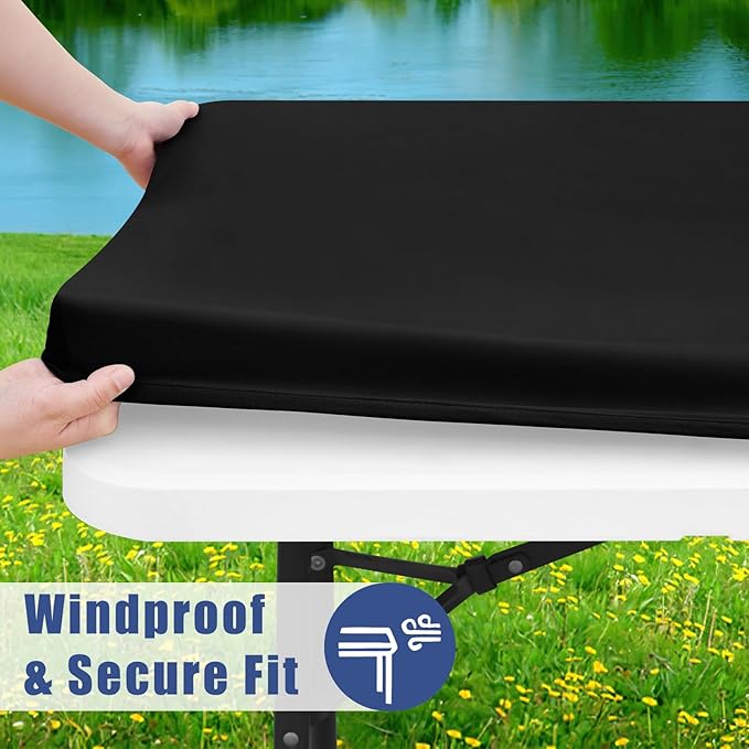 Moosfor Spandex 8 Foot Rectangle Table Cloth 2 Pack, Elastic Fitted Tablecloths for Picnic, Stretch Washable Patio Table Cover for Outdoor, Camping, Banquet and Parties (Black, 30"x96")