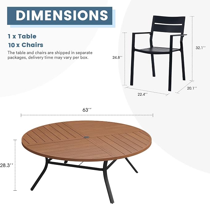 DIFY 11 Piece Outdoor Patio Dining Set for 10, 63" Round Dining Table with Umbrella Hole and Stackable Metal Chairs, Patio Table and Chairs Set for Backyard Garden Poolside, Walnut & Black