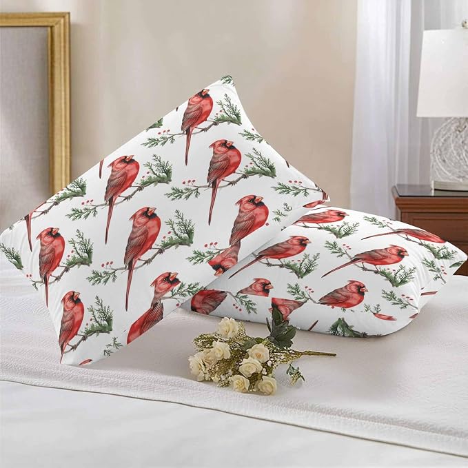 YOKOU Outdoor Waterproof Throw Pillow Covers, Christmas Red Bird on Pine Branches Berries Cardinal Pillowcases Cushion Covers Cases for Patio Couch Bench, Pack of 2 Rectangle, 20X12 Inch