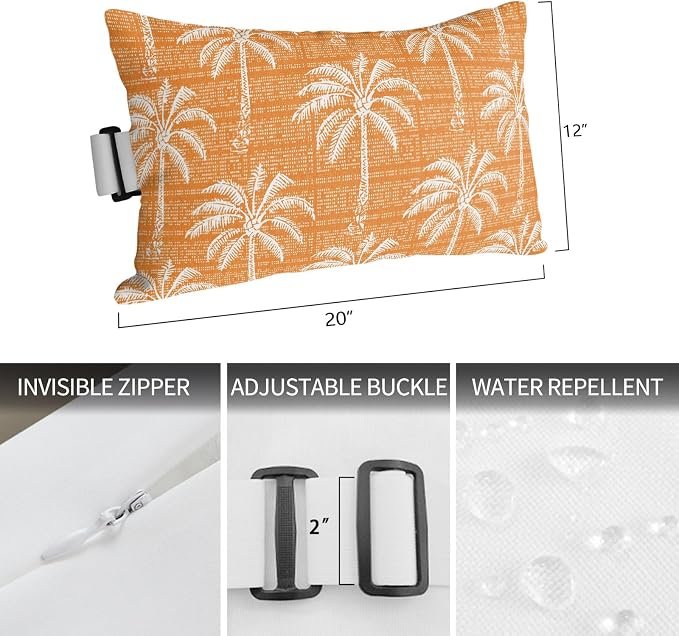 Outdoor Pillow for Chaise Lounge Chair Orange Palm Tree Summer Headrest Pillow with Adjustable Elastic Strap Set of 2,12x20 inch, Tropical Plant Retro Boho Waterproof Head Pillows for Patio Pool