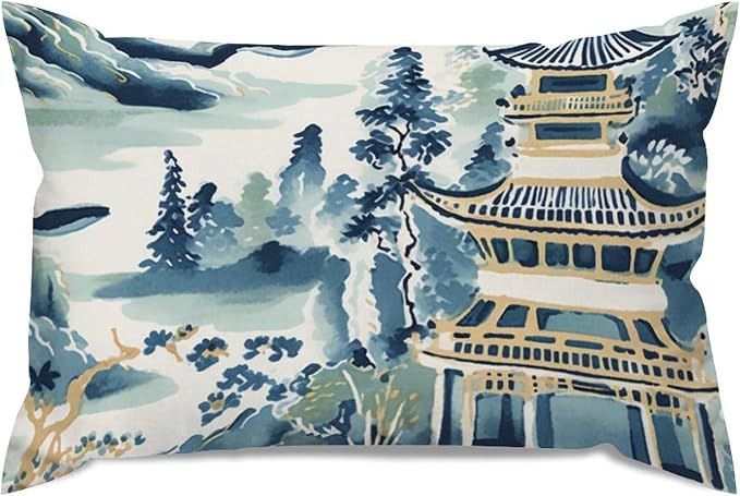 Blue and White Chinoiserie Pagoda Asian Rectangular Cushion Cover Ming Rain Chinoiserie Throw Pillow Cover Classic Modern Decorative Pillow Covers for for Couch Sofa 16x24in