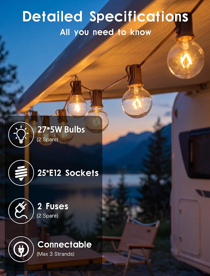 SUNSGNE 25Ft Globe String Lights with 27 Clear G40 Bulbs, Natural Warm Bulb Hanging Umbrella Lights for Backyard Patio Garden Party Cafe Indoor Outdoor Decor-Brown