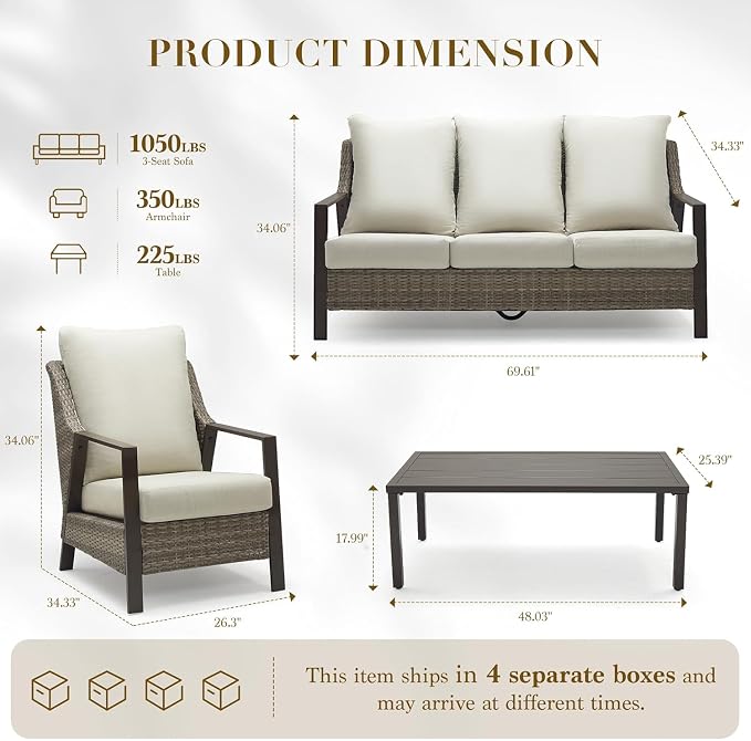 4 Piece Outdoor Patio Furniture Set, All-Weather Wicker Conversation Set with 4.72" Thick Olefin Cushions - 3-Seat Sofa, 2 Armchairs and Coffee Table for Backyard Deck Porch, Balcony, Beige