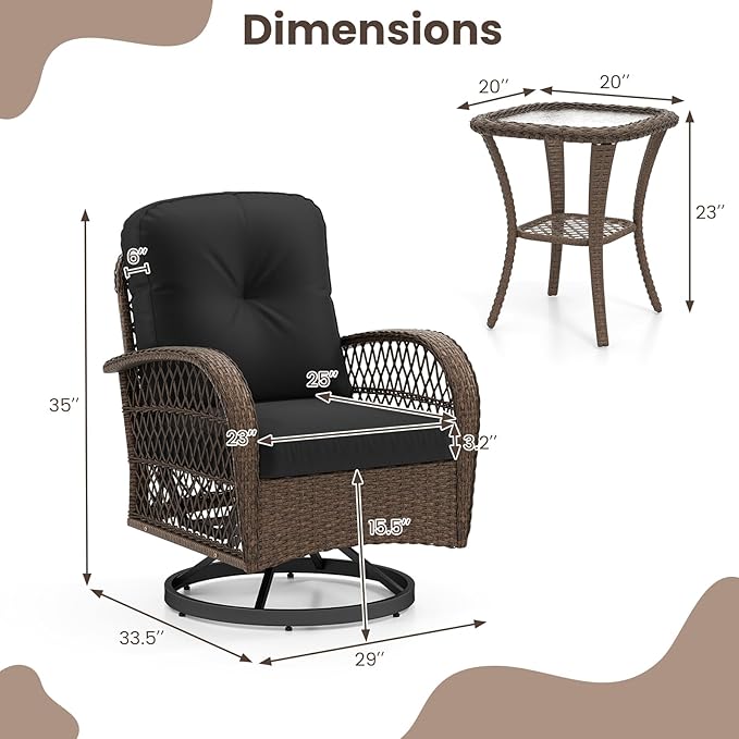 HAPPYGRILL 3 Pieces Outdoor Rattan Swivel Rocker Chairs Set with Tempered Glass Side Table, Outside Sectional Patio Conversation Furniture Set with Swivel Rocking Chairs for Deck Porch Garden (Black)