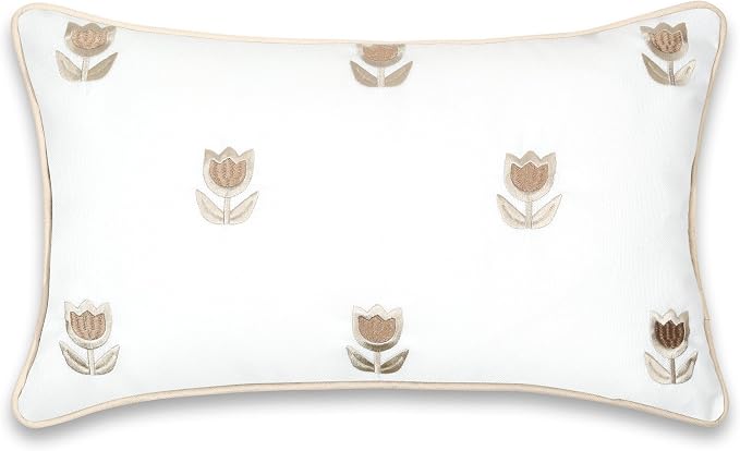 Hofdeco Premium Coastal Patio Indoor Outdoor Lumbar Pillow Cover Only, 12"x20" Water Repellent for Backyard, Couch, Tan Embroidered Tulips Floral with Piping