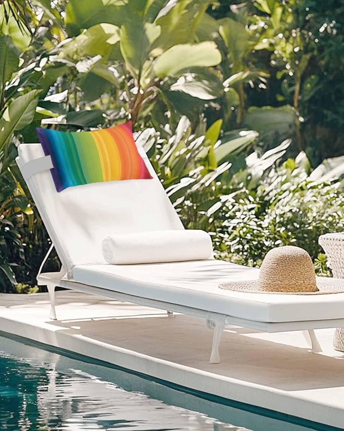 Outdoor Pillows for Chaise Lounge Chair Set of 2 Colorful Stripes Rainbow Waterproof Lumbar Pillows with Insert for Beach Chair,Patio Office,Pool Recliner,Watercolor Line Minimalist Geometric 11x16IN