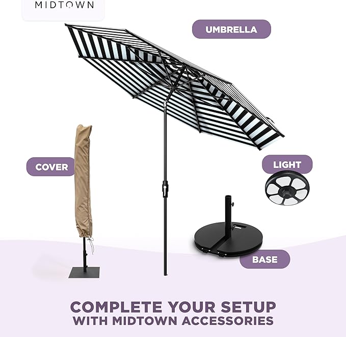 The Swilt 10 Feet Outdoor Umbrella With Terylast Zebra (Black/White Stripes) Polyester Fabric - Fiberglass Ribs, Auto-Tilt And Swivel Aluminum Frame Patio Umbrella For Deck, Garden, Pool - Black Pole