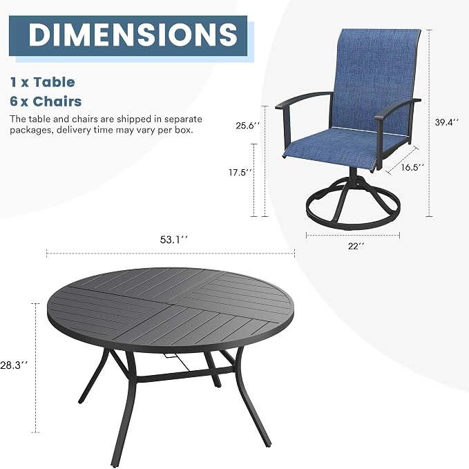 DIFY 7 Pieces Outdoor Dining Set, Metal Patio Table and Chairs Set for 6 with Umbrella Hole, 53.1" Black Round Table and Blue Textilene Swivel Patio Chairs for Garden, Backyard, Poolside