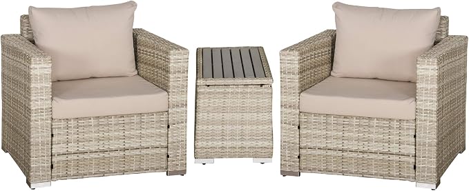 Outsunny 3 Piece Patio Furniture Set, PE Rattan Small Wicker Balcony Furniture, Table & Chairs with Cushions Composite Table, Conversation Set for Apartment, Gray