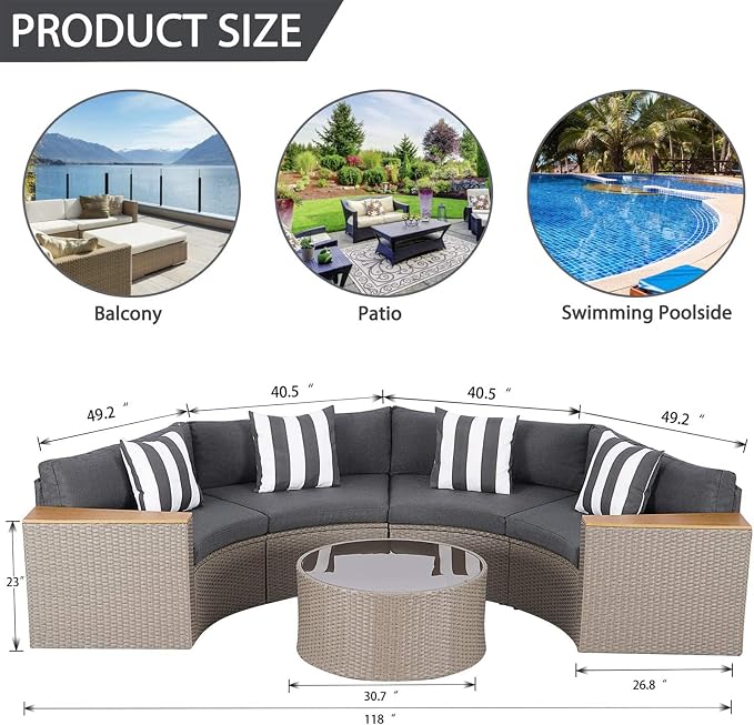 Incbruce Outdoor Half Moon Patio Furniture 5-Piece Curved Outdoor Sofa, All-Weather Outdoor Sectional Furniture Patio Conversation Sets with Round Tempered Glass Top Table (Grey Cushions)