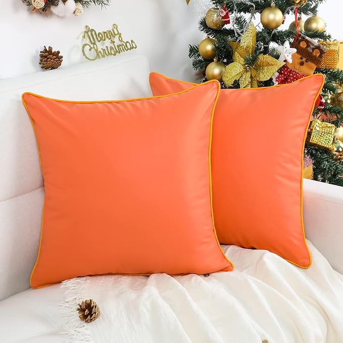 Set of 2 Leather Waterproof Pillow Covers Fade and UV Resistant Silicone Leather Square Cushion Cases Durability Pillowcases for Garden Patio Porch Couch, Orange, 24x24 Inch
