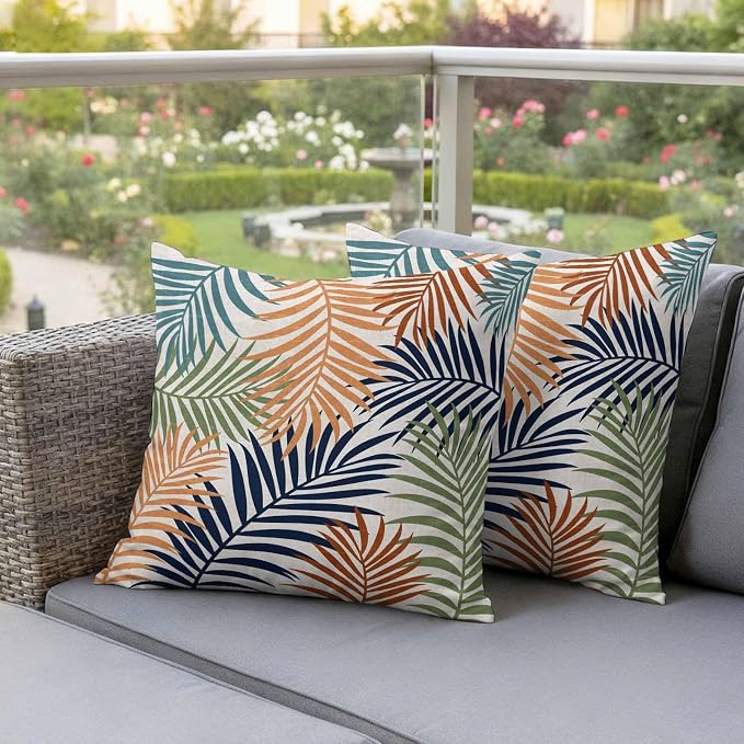 Red Green Navy Palm Leaves Outdoor Pillow Covers 26"x26" Set of 2, Summer Botanical Vintage Tropical Leaf Rustic Waterproof Throw Pillow Covers for Patio Furniture, Decorative Cushion Covers for Porch