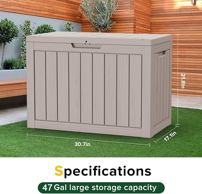 Deck Box Large Outdoor Storage for Patio Furniture,Outdoor Cushions,Garden Tools and Pool Supplies,Waterproof,Resin,Lockable (Grey, 47 Gallon)