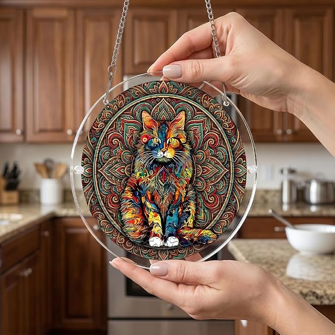 Acrylic Puzzle Suncatcher, Colorful Cat Sun Catcher Jigsaw Puzzle Window Hanging, Acrylic Puzzles Kit Home Garden Decor, Mothers Day and Birthday Gifts for Mom, Wife, Sisters, 7.87 inch
