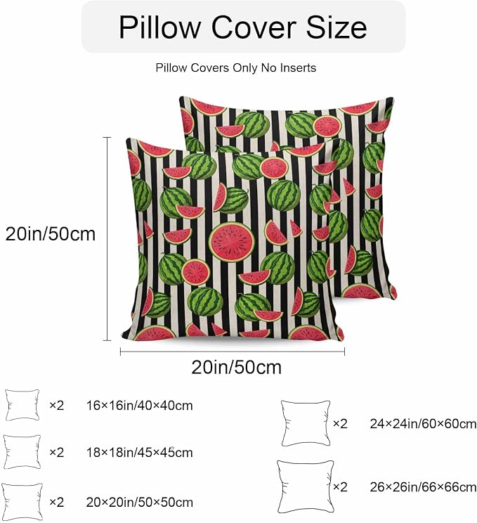 Vandarllin Outdoor Throw Pillows Covers 16x16 inch Set of 2 Waterproof Watermelon Decorative Zippered Cushion Covers for Patio Furniture, Summer Fruit Black Stripes Lumbar Pillowcases