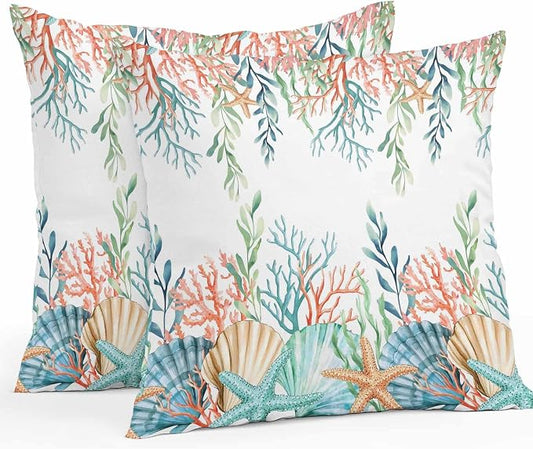 Throw Pillow Covers 24x24 Inch Set of 2, Marine Life Waterproof Outdoor Pillow Covers, Nautical Underwater Coral Shell Starfish Watercolor Decorative Cushion Pillowcases for Couch, Sofa, Bed, Patio