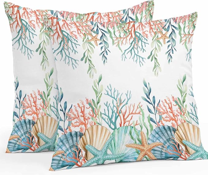 Throw Pillow Covers 26x26 Inch Set of 2, Marine Life Waterproof Outdoor Pillow Covers, Nautical Underwater Coral Shell Starfish Watercolor Decorative Cushion Pillowcases for Couch, Sofa, Bed, Patio