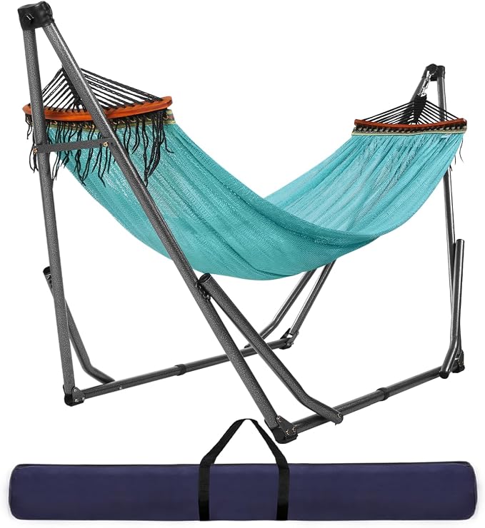 Goutime Collapsible Hammock Stand with Carry Bag, 550lbs,Portable,Sky Blue | 3 level adjustable up to 10ft, double layer hammock net, fits indoor, yard, camping, and outdoor use