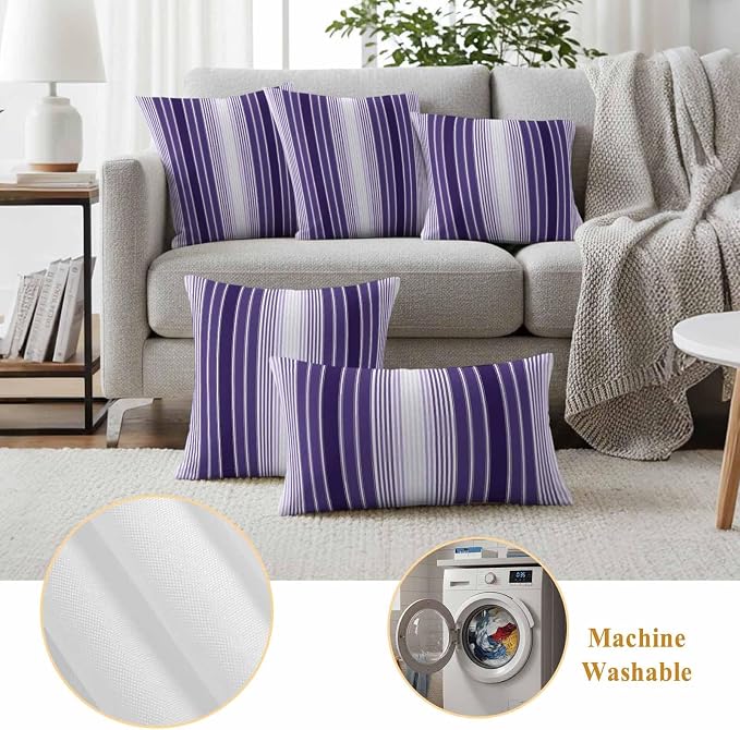 Outdoor Waterproof Throw Pillow Cover, Farmhouse Purple Gradient Line Decorative Pillows Cushion Covers, Modern Minimalist Stripe 2 Pack Pillow Cases for Patio Garden Balcony Couch Sofa 20x20in