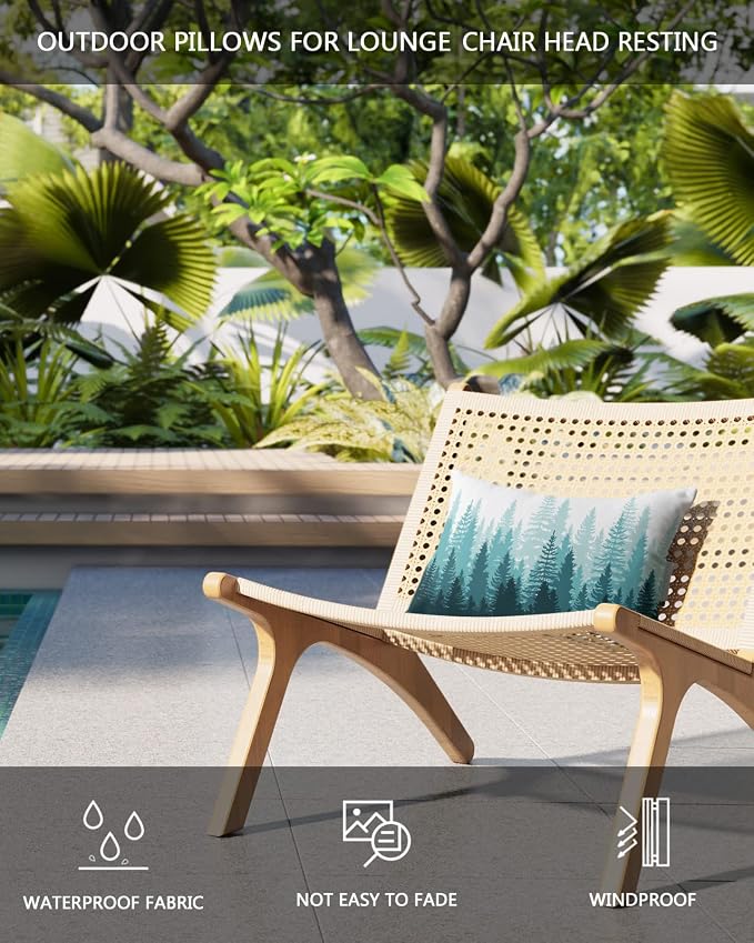 Outdoor Pillows Covers with Inserts Forest Tree Silhouette Teal Green Abstract Gradient Waterproof Pillow with Adjustable Strap Throw Pillows for Patio Furniture Recliner Lounge Chair, 12" x 20", 1PCS