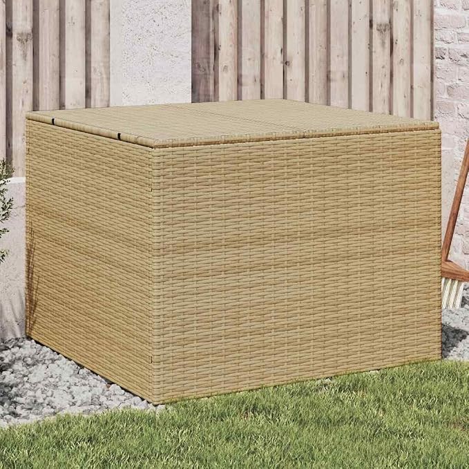 Outdoor Garden Storage Box 77 Gallon Deck Box with PE Rattan Finish, Weather Resistant Patio Organizer for Cushions and Blankets, Mix Beige