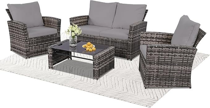 4 Piece Outdoor Patio Furniture Set with Wicker Sectional Sofa Couch, Cushioned Conversation Set and Coffee Table for Garden, Balcony, Porch Lounge Seating Area