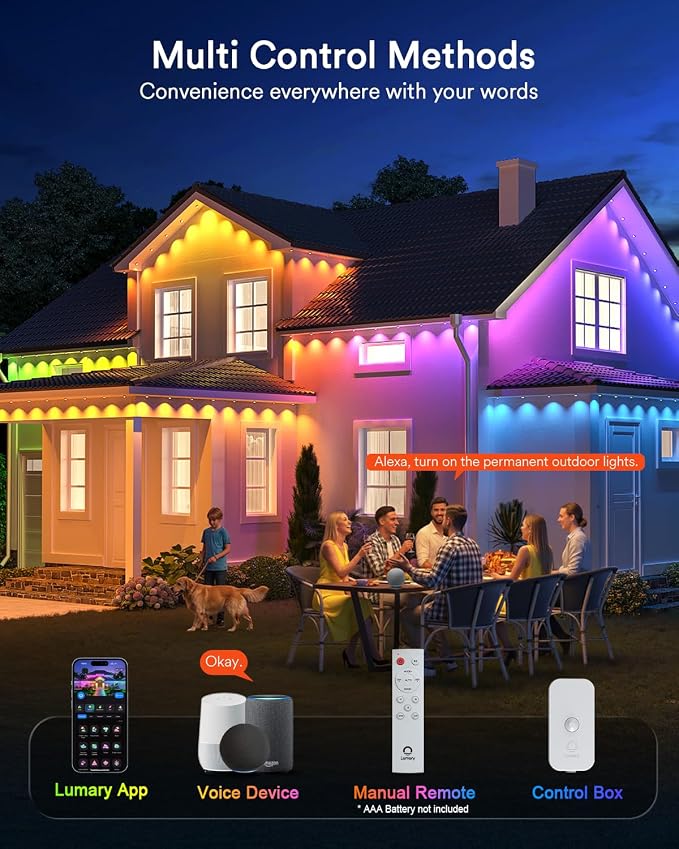 Lumary Permanent Outdoor Lights 2 with Remote, 150ft RGBAICW Outdoor Lights | 16 Million Color, IP 67 Waterproof, Work with Alexa Google, 110+ Scene Modes for Outdoor House Patio Area, 90 RGBAICW LEDs